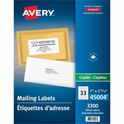 Avery® Address Label - 2 13/16" x 1" Length - Permanent Adhesive - Rectangle - White - 3300 / Box = AVE45004