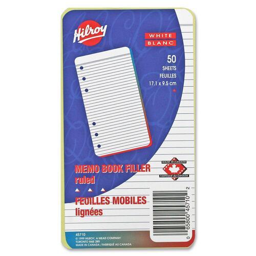 Hilroy Memo Book Refills - 50 Sheets - Plain - 3 3/4" x 6 3/4" - White Paper - Punched - 50 / Pack - Filler Papers - HLR45710