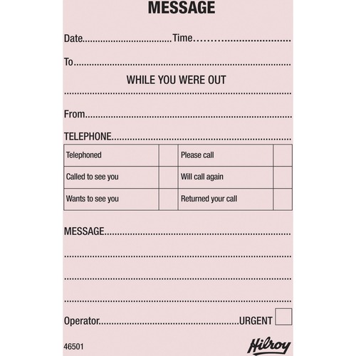 Hilroy Telephone Message Pad - 72 Sheet(s) - 3 1/2" x 5" Sheet Size - Pink Sheet(s) - 25 / Box