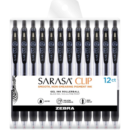 Zebra Pen Sarasa Clip Gel Retractable Black Pens - 0.5 mm Pen Point Size - Black - 1 Dozen