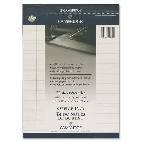 Hilroy Cambridge Office Notepad - 70 Sheets - Ruled - Ruled - 20 lb Basis Weight - 8 1/2" x 11 3/4" - White Paper - Numbered, Durable Cover, Micro Perforated, Easy Tear, Stiff-back - 1Each