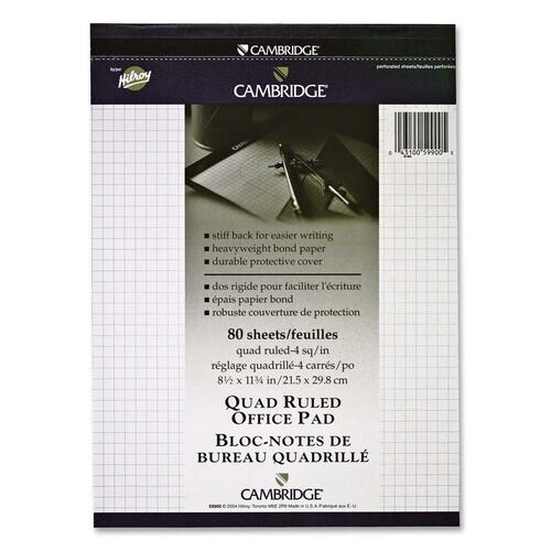 Hilroy Cambridge Quad Ruled Office Pad - 80 Sheets - Strip - 16 lb Basis Weight - 8 1/2" x 11 3/4" - White Binder - Rigid - 1Each - Quadrille Pads - HLR59900