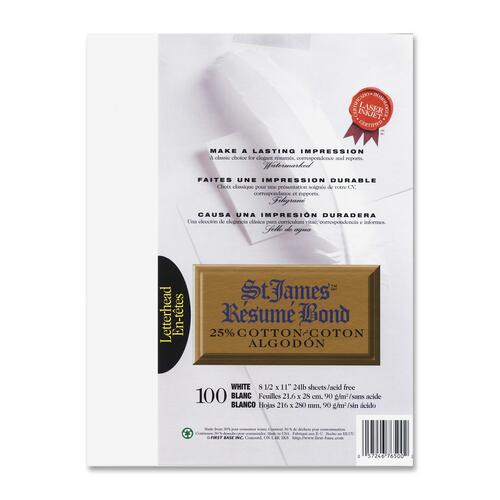 First Base Inkjet, Laser Bond Paper - White - Recycled - Letter - 8 1/2" x 11" - 24 lb Basis Weight - 100 / Pack