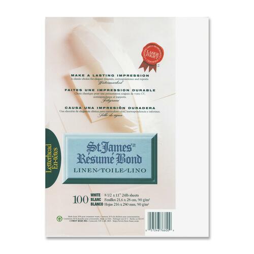 First Base Inkjet, Laser Bond Paper - White - Recycled - Letter - 8 1/2" x 11" - 24 lb Basis Weight - Linen - 100 / Pack - Unprinted Stationery - FST76600