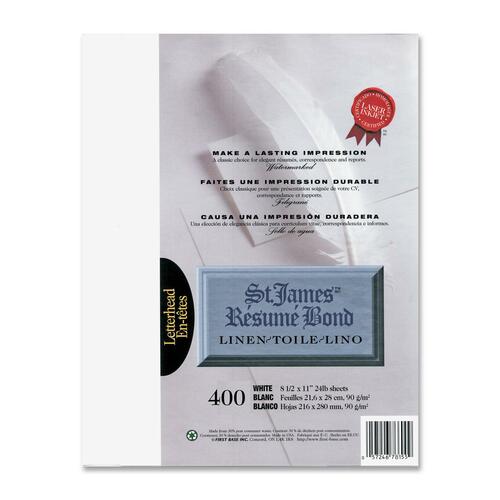 First Base Inkjet, Laser Bond Paper - White - Recycled - Letter - 8 1/2" x 11" - 24 lb Basis Weight - Linen - 400 / Pack - Unprinted Stationery - FST78155