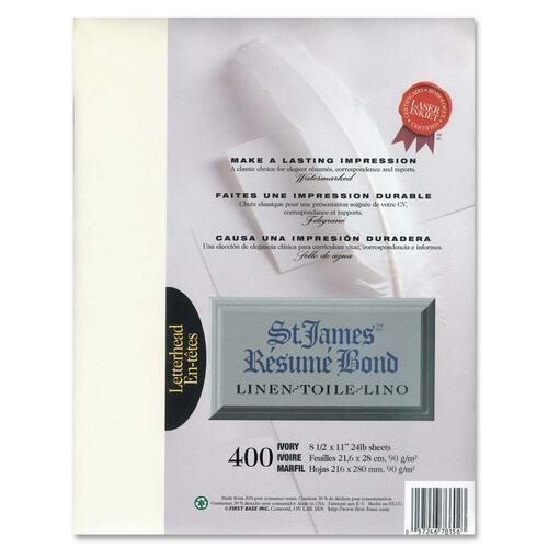 First Base Inkjet, Laser Bond Paper - Ivory - Recycled - Letter - 8 1/2" x 11" - 24 lb Basis Weight - Linen - 400 / Pack