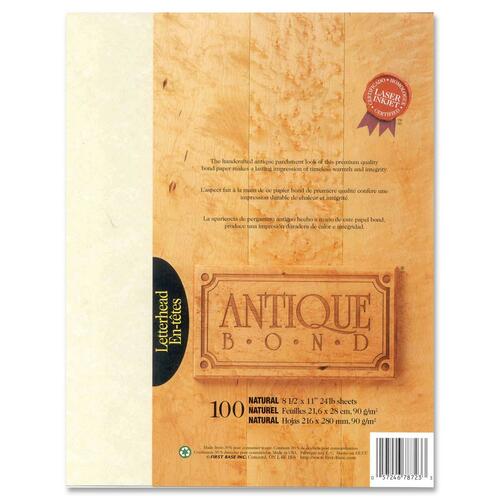 First Base Antique Bond 78723 Laser Bond Paper - Natural - Recycled - Letter - 8 1/2" x 11" - 24 lb Basis Weight - 100 / Pack
