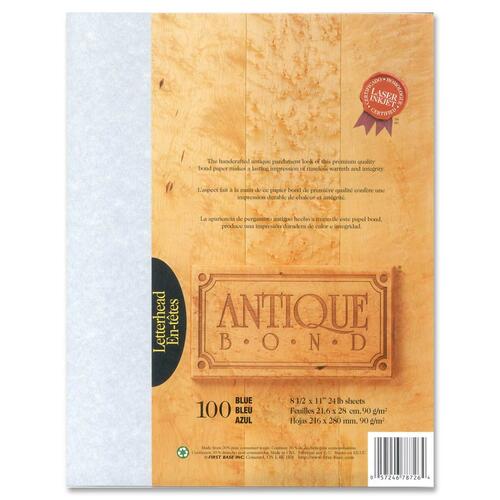 First Base Antique Bond Laser Bond Paper - Blue - Recycled - Letter - 8 1/2" x 11" - 24 lb Basis Weight - 100 / Pack