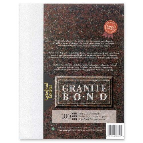 First Base 78812 Granite Bond Laser Paper - Letter - 8 1/2" x 11" - 24 lb Basis Weight - 100 / Pack - Acid-free, Lignin-free = FST78812