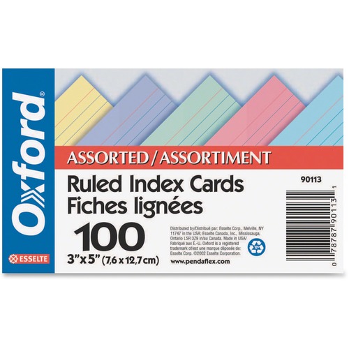 Oxford Printable Index Card - Assorted - Recycled - 3" x 5" - 100 lb Basis Weight - 100 / Pack - Index Cards - OXF90113