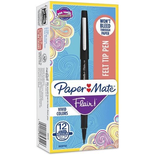 Paper Mate Flair Point Guard Felt Tip Marker Pens - Medium Pen Point - Black Water Based Ink - Black Barrel - 1 Dozen