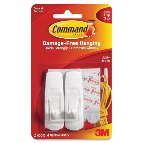 3M Reusable Command Adhesive Strip Hook - 2 Medium Hook - 1.36 kg Capacity - for Multipurpose -  2/Pack