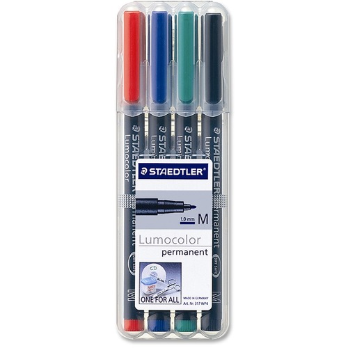 Staedtler Lumocolor Permanent Universal Pen - Medium Pen Point - 1 mm Pen Point Size - Refillable - Red, Blue, Green, Black - Black Polypropylene Barrel - 4 / Set - Overhead Transparency Markers - STD317WP4
