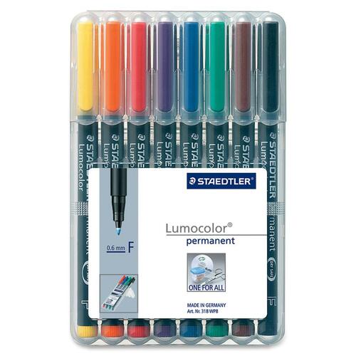 Lumocolor Permanent Pen 318 - Fine Marker Point - 0.6 mm Marker Point Size - Refillable - Assorted - Black Polypropylene Barrel - 8 / Set - Overhead Transparency Markers - STD318WP8