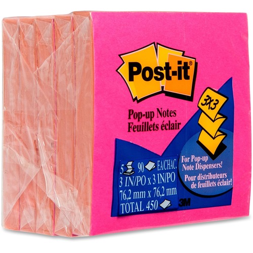 Post-it® Pop-up Super Sticky Notes - 3" x 3" - Square - Yellow, Fuchsia - Self-adhesive - 5 / Pack
