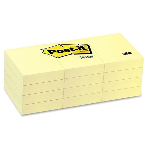 3M Plain Notes - 1.50" x 2" - Rectangle - Unruled - Canary Yellow - Removable - 12 / Pack