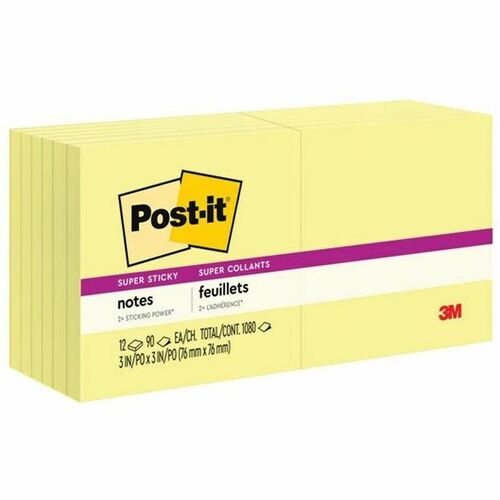 Post-it® Super Sticky Notes - 3" x 3" - Square - Canary - Self-adhesive - 1 / Pack - Adhesive Note Pads - MMM65412SSCY