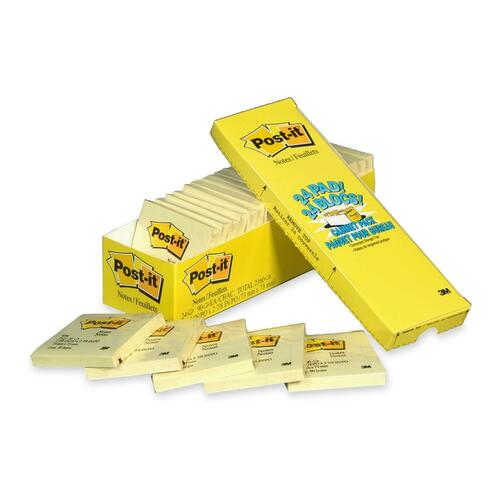 3M Cabinet Pack Unlined Notes - 3" x 3" - Square - Unruled - Canary Yellow - Removable - 24 / Pack - Adhesive Note Pads - MMM65424CP