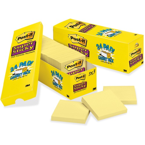 Post-it® Cabinet Pack Super Sticky Notes - 3" x 3" - Square - Canary Yellow - Self-adhesive - 24 / Pack - Adhesive Note Pads - MMM65424SSCPC