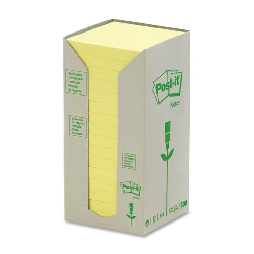 3M Green Recycled Notes - 1600 x Yellow - 3" x 3" - Square - Yellow - Paper - Self-adhesive, Repositionable - 16 / Pack - Adhesive Note Pads - MMM654IT