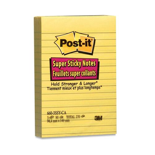 Post-it® Super Sticky Ruled Adhesive Notes - 4" x 6" - Rectangle - Ruled - Canary Yellow - 3 / Pack - Adhesive Note Pads - MMM6603SSCY