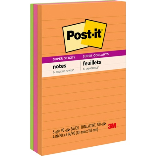 Post-it® Super Sticky Lined Notes - 4" x 6" - Rectangle - Ruled - Assorted - Self-adhesive - 3 / Pack - Adhesive Note Pads - MMM6603SSUC