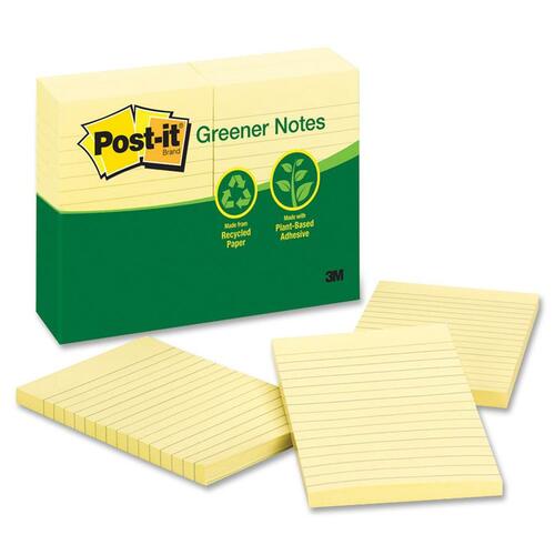 3M Recycled Ruled Notes - 4" x 6" - Rectangle - Ruled - Yellow - Removable - 12 / Pack