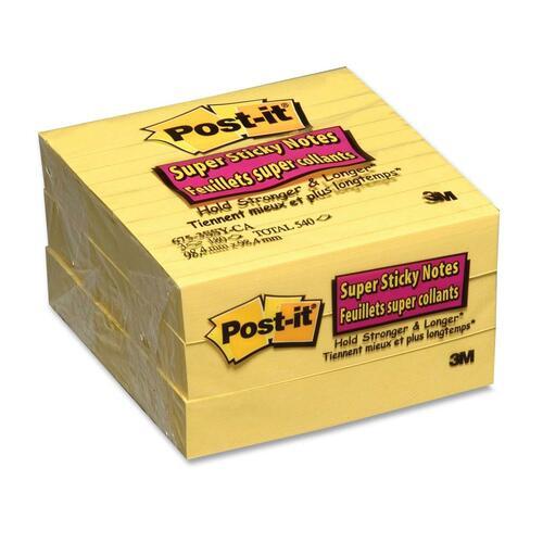Post-it® Super Sticky Ruled Adhesive Notes - 4" x 4" - Square - Ruled - Canary Yellow - 3 / Pack - Adhesive Note Pads - MMM6753SSCYC