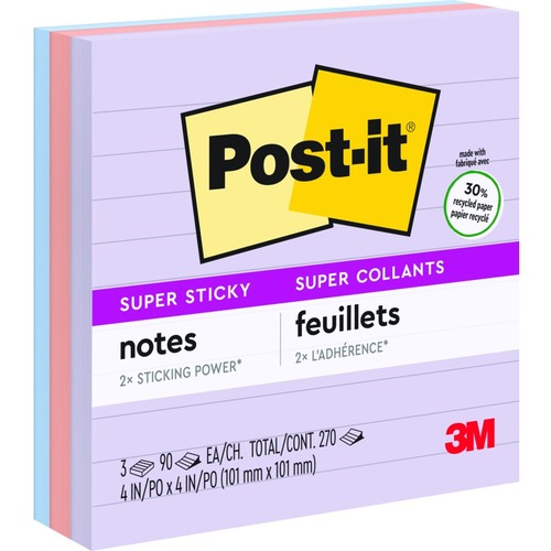 Post-it® Super Sticky Lined Notes - 270 x Assorted - 4" x 4" - Square - Ruled - Assorted - Self-adhesive - 3 / Pack - Adhesive Note Pads - MMM6753SSNRPC