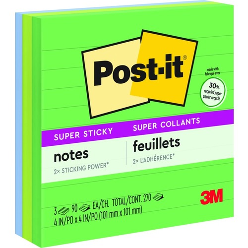 Post-it® Super Sticky Lined Tropical Notes - 270 - 4" x 4" - Square - Ruled - Paper - Self-adhesive, Repositionable - 3 / Pack