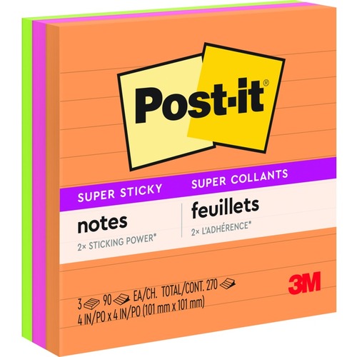 Post-it® Super Sticky Lined Notes - 4" x 4" - Square - Ruled - Ultra Assorted - Self-adhesive - 3 / Pack - Adhesive Note Pads - MMM6753SSUCC