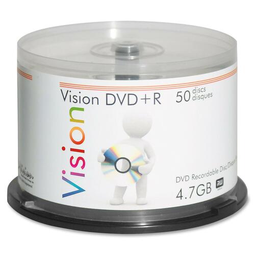 Vision DVD Recordable Media - DVD+R - 8x - 4.70 GB - 50 Pack Spindle - 120mm - 2 Hour Maximum Recording Time - DVD Media - VGM00024