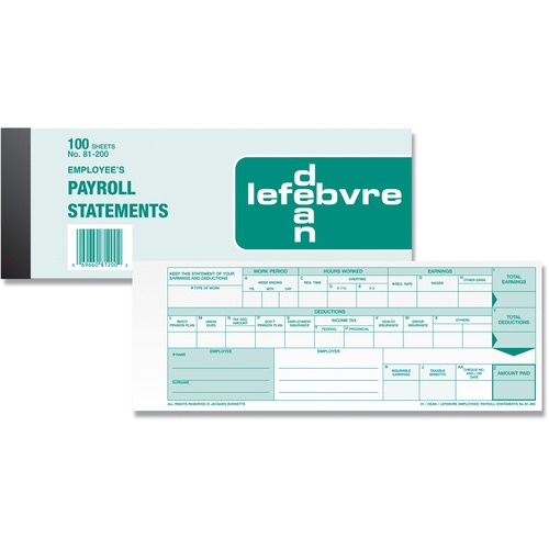 Dean & Fils Employees Payroll Record Form - 100 Sheet(s) - 8" x 3" Sheet Size - Recycled - 1 Each