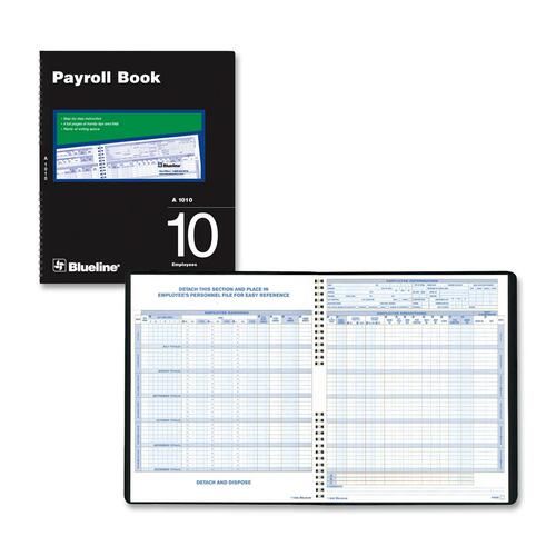 Blueline Ten Employees Payroll Book - Twin Wirebound - 10" x 12 1/4" Sheet Size - White Sheet(s) - Black Cover - Recycled - 1 Each