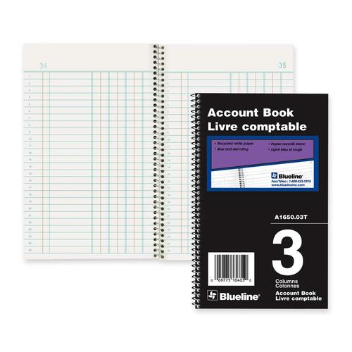 Blueline Accounting Book - 80 Sheet(s) - Spiral Bound - 5" x 8" Sheet Size - 3 Columns per Sheet - White Sheet(s) - Black Cover - Recycled - 1 Each
