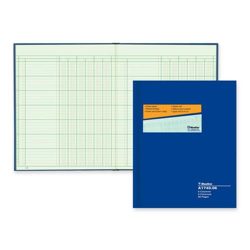 Blueline 1740 Series Columnar Book - 80 Sheet(s) - Gummed - 10" x 12 1/4" Sheet Size - 6 Columns per Sheet - Green Sheet(s) - Blue Cover - Recycled - 1 Each