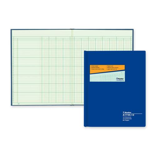Blueline 1740 Series Columnar Book - 80 Sheet(s) - Gummed - 10" x 12 1/4" Sheet Size - 12 Columns per Sheet - Green Sheet(s) - Blue Cover - Recycled - 1 Each