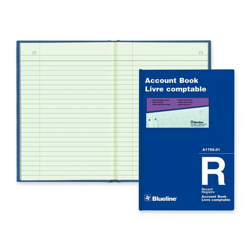 Blueline Accounting Book - 100 Sheet(s) - Perfect Bind - 5.68" (144.15 mm) x 8.25" (209.55 mm) Sheet Size - Green Sheet(s) - Blue Cover - Recycled - 1 Each