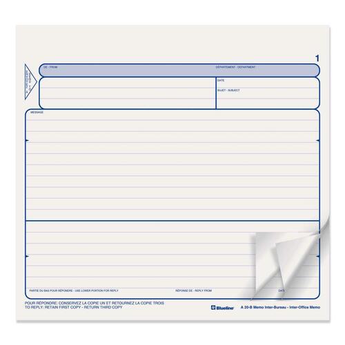 Blueline Triplicate Bilingual Inter-Office Memo Form - 250 Sheet(s) - 3 PartCarbonless Copy - 8" x 8 1/2" Sheet Size - 250 / Box