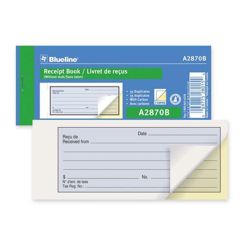 Blueline Bilingual Receipt Book - 35 Sheet(s) - 2 Part - Carbon Copy - 6 3/4" x 2 3/4" Sheet Size - Blue Cover - Recycled - 1 Each