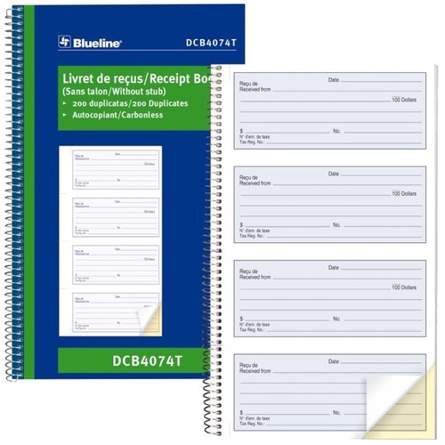 Blueline Bilingual Receipt Book - 200 Sheet(s) - Spiral Bound - 2 Part - Carbon Copy - 6 3/4" (17.1 cm) x 11" (27.9 cm) Sheet Size - Blue Cover - 1 Each = BLIA4074BT