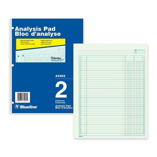 Blueline Analysis Columnar Pad - 50 Sheet(s) - Gummed - 8 1/2" x 10 7/8" Sheet Size - 3 x Holes - 2 Columns per Sheet - Green Sheet(s) - Blue, White Cover - Recycled - 1 Each