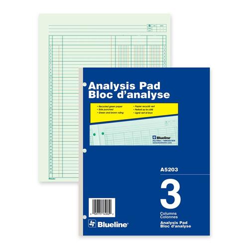 Blueline Analysis Columnar Pad - 50 Sheet(s) - Gummed - 8 1/2" x 10 7/8" Sheet Size - 3 x Holes - 3 Columns per Sheet - Green Sheet(s) - Blue, White Cover - Recycled - 1 Each - Accounting/Columnar/Record Books & Pads - BLIA5203