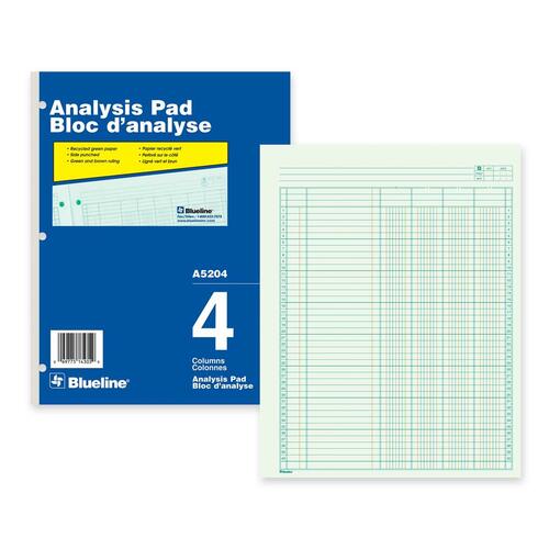 Blueline Analysis Columnar Pad - 50 Sheet(s) - Gummed - 8 1/2" (21.6 cm) x 10 7/8" (27.6 cm) Sheet Size - 3 x Holes - 4 Columns per Sheet - Green Sheet(s) - Blue, White Cover - Recycled - 1 Each = BLIA5204