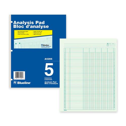 Blueline Analysis Columnar Pad - 50 Sheet(s) - Gummed - 8 1/2" x 10 7/8" Sheet Size - 3 x Holes - 5 Columns per Sheet - Green Sheet(s) - Blue, White Cover - Recycled - 1 Each