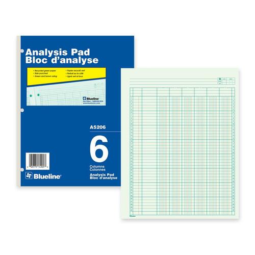 Blueline Analysis Columnar Pad - 50 Sheet(s) - Gummed - 8 1/2" x 10 7/8" Sheet Size - 3 x Holes - 6 Columns per Sheet - Green Sheet(s) - Blue, White Cover - Recycled - 1 Each