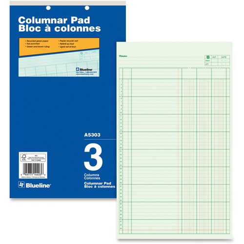 Blueline Columnar Pad - 50 Sheet(s) - Gummed - 8 1/4" x 14" Sheet Size - 2 x Holes - 3 Columns per Sheet - Green Sheet(s) - Blue Cover - Recycled - 1 Each