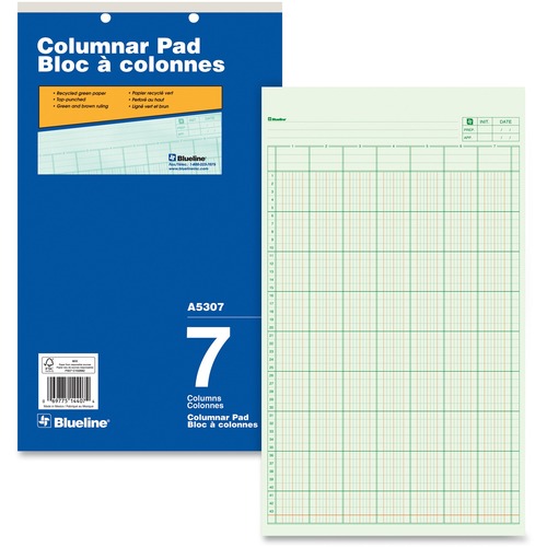 Blueline Columnar Pad - 50 Sheet(s) - Gummed - 8 1/4" x 14" Sheet Size - 2 x Holes - 7 Columns per Sheet - Green Sheet(s) - Blue Cover - Recycled - 1 Each