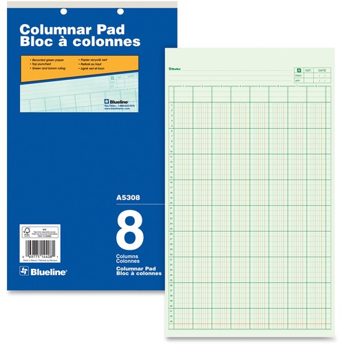 Blueline Columnar Pad - 50 Sheet(s) - Gummed - 8 1/4" x 14" Sheet Size - 2 x Holes - 8 Columns per Sheet - Green Sheet(s) - Blue Cover - Recycled - 1 Each