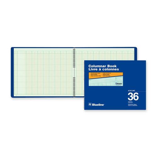 Blueline 747 Series Columnar Book - 80 Sheet(s) - Spiral Bound - 15" x 12" Sheet Size - 36 Columns per Sheet - Green Sheet(s) - Blue Cover - Recycled - 1 Each - Accounting/Columnar/Record Books & Pads - BLIA74736T